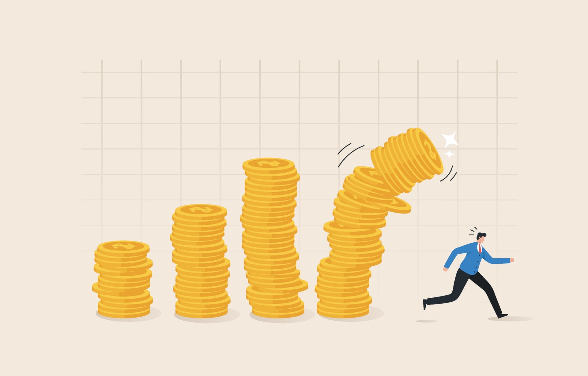 A man flees as coins, representing continued investment, topple and threaten to hurt him.