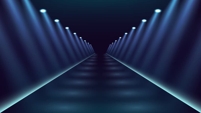 Neon tunnel light corridor. front row. cat walk catwalk