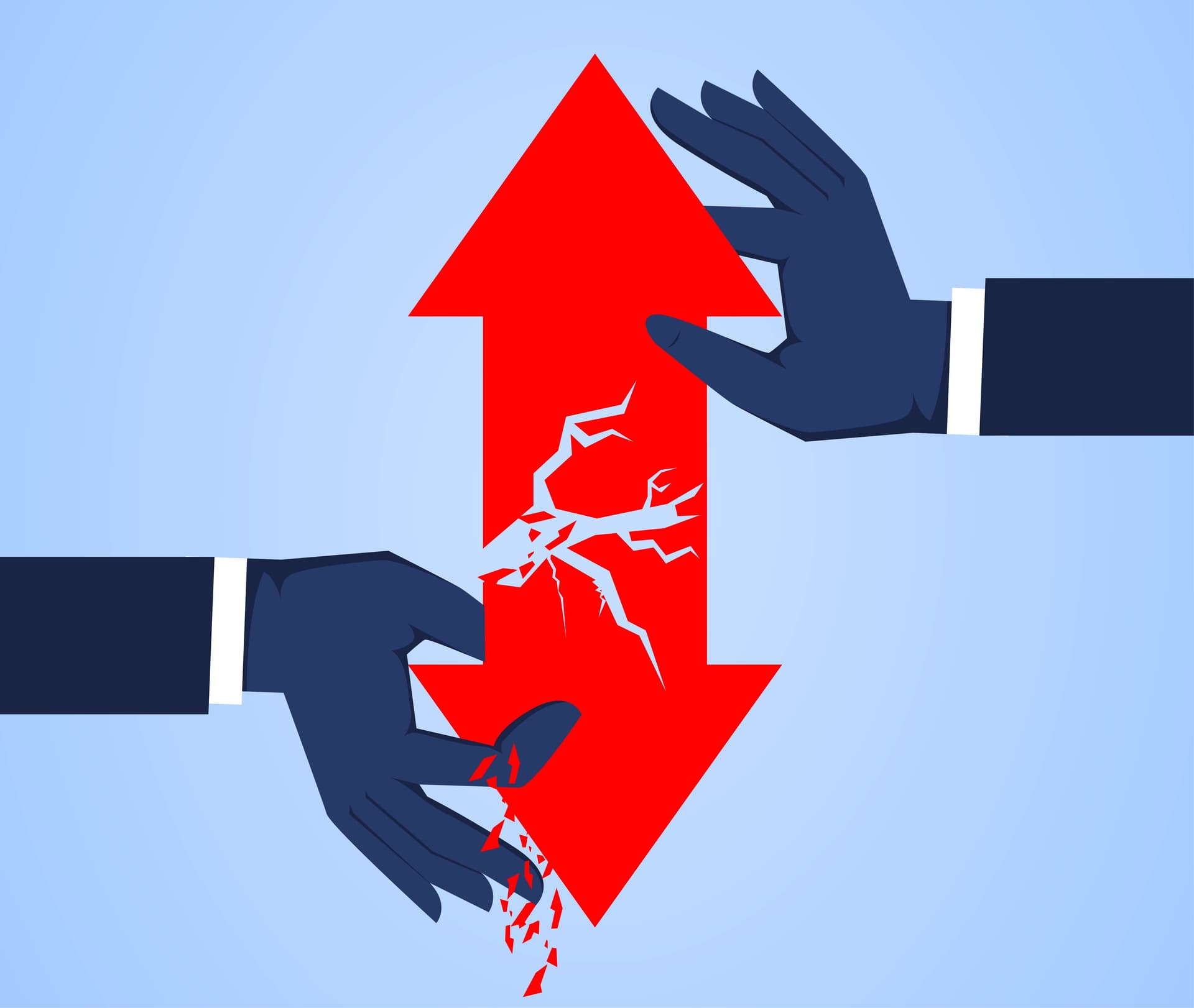 Two hands tearing an arrow in opposite directions