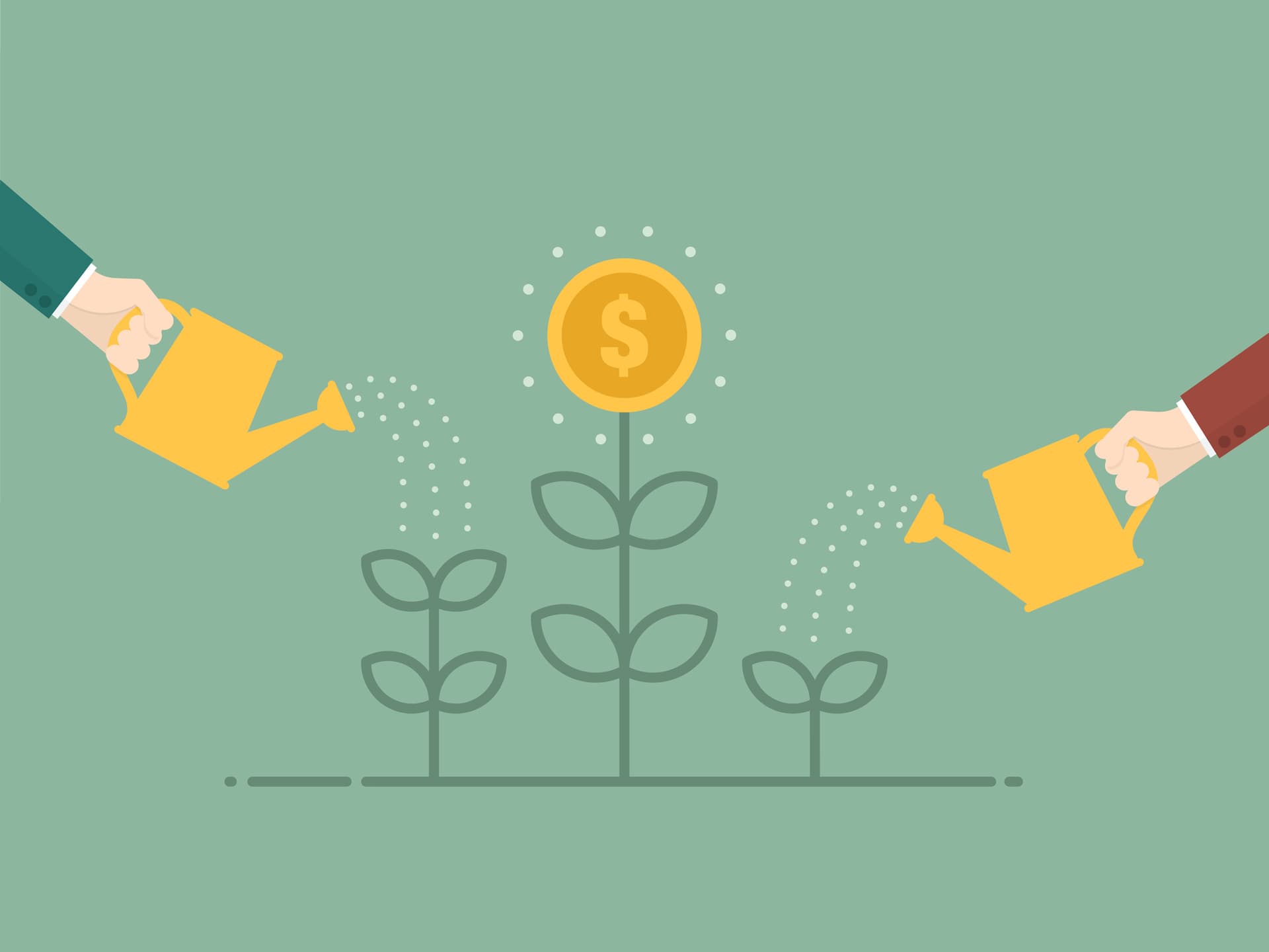 Illustration of three plants being watered. The central plant is growing a gold coin