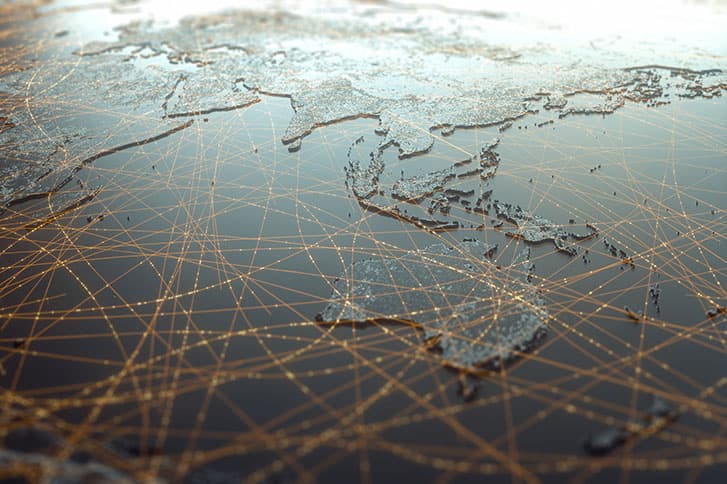 Globalized world, the future of digital technology. Connections and cloud computing in the virtual world. World map with satellite data connections. Connectivity across the world.