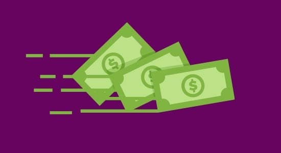 Dollar bills speeding across a purple background