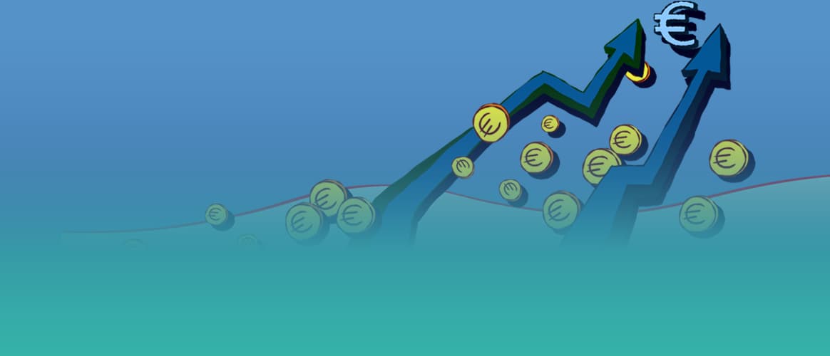 Arrows and euro coins against a blue and green background