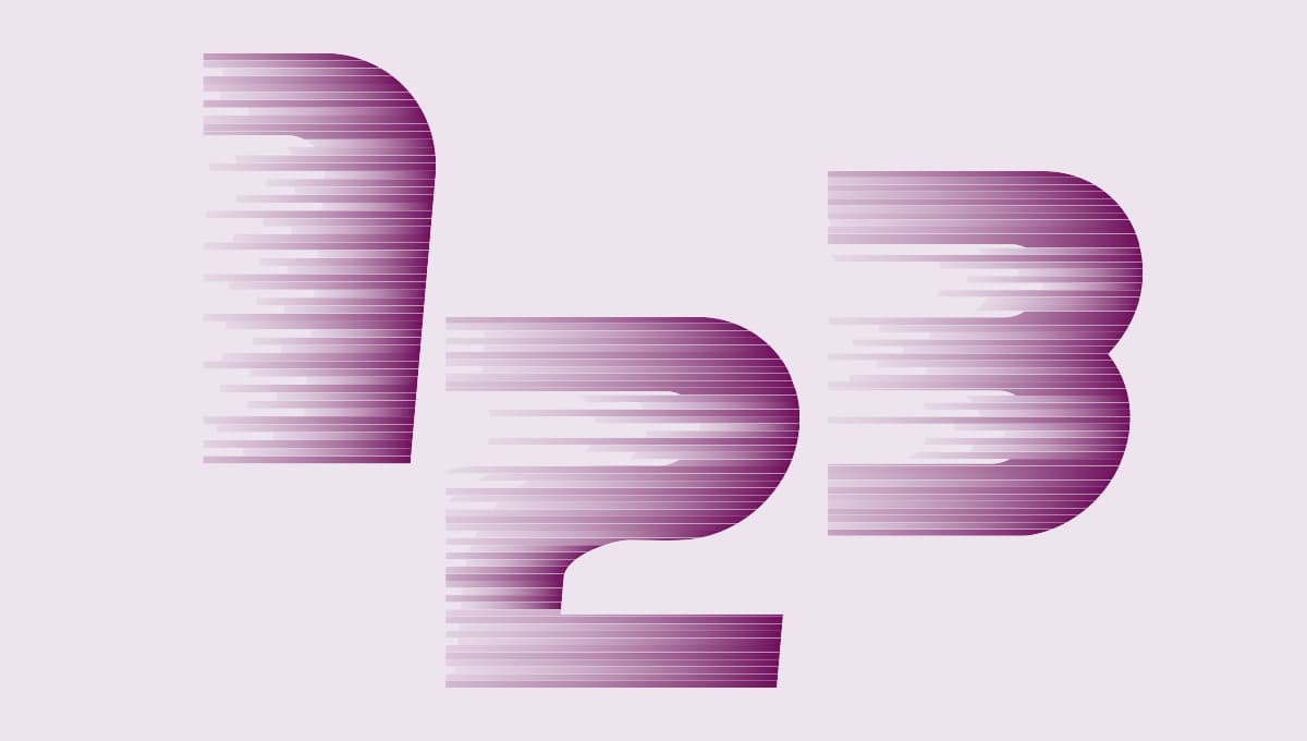 The numbers one, two and three in purple with a motion blur