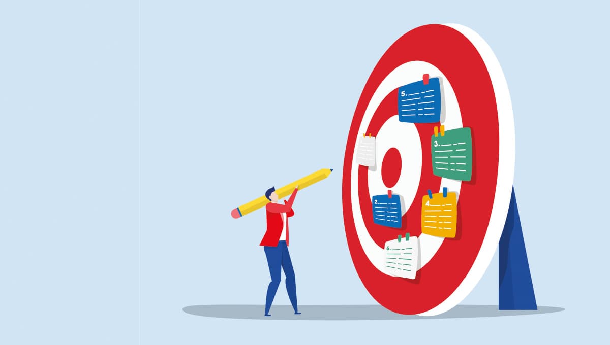 Illustration of an enormous dartboard with notes pinned to it and a man in a red jacket with a gigantic pencil balanced over his shoulder