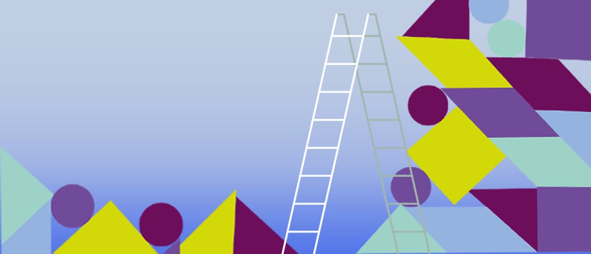 Geometric shapes stacked up beside a ladder reaching to the top