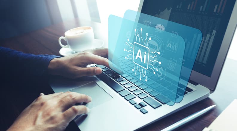 An AI illustration overlaid to a person using a laptop, from Getty Images.