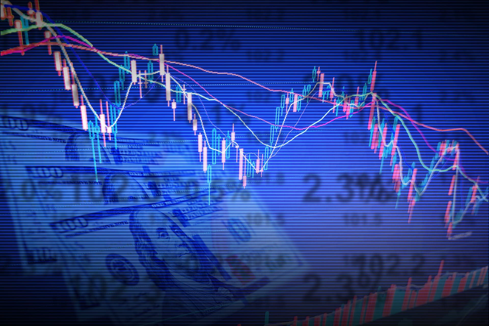 Illustration with line graph showing stocks trending down against background showing stock prices and a $100 bill