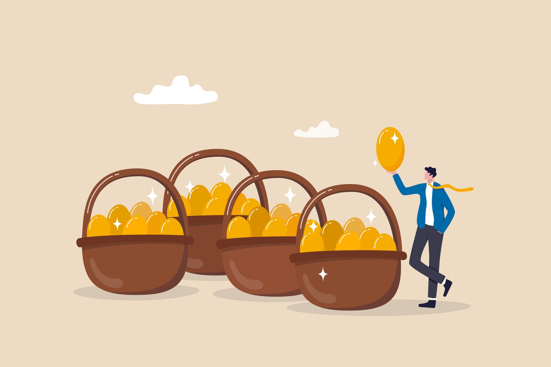 asset allocation concept, businessman holding golden eggs diversify by putting in many baskets.