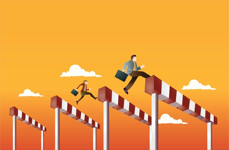 vector of male and female office workers jumping over hurdles