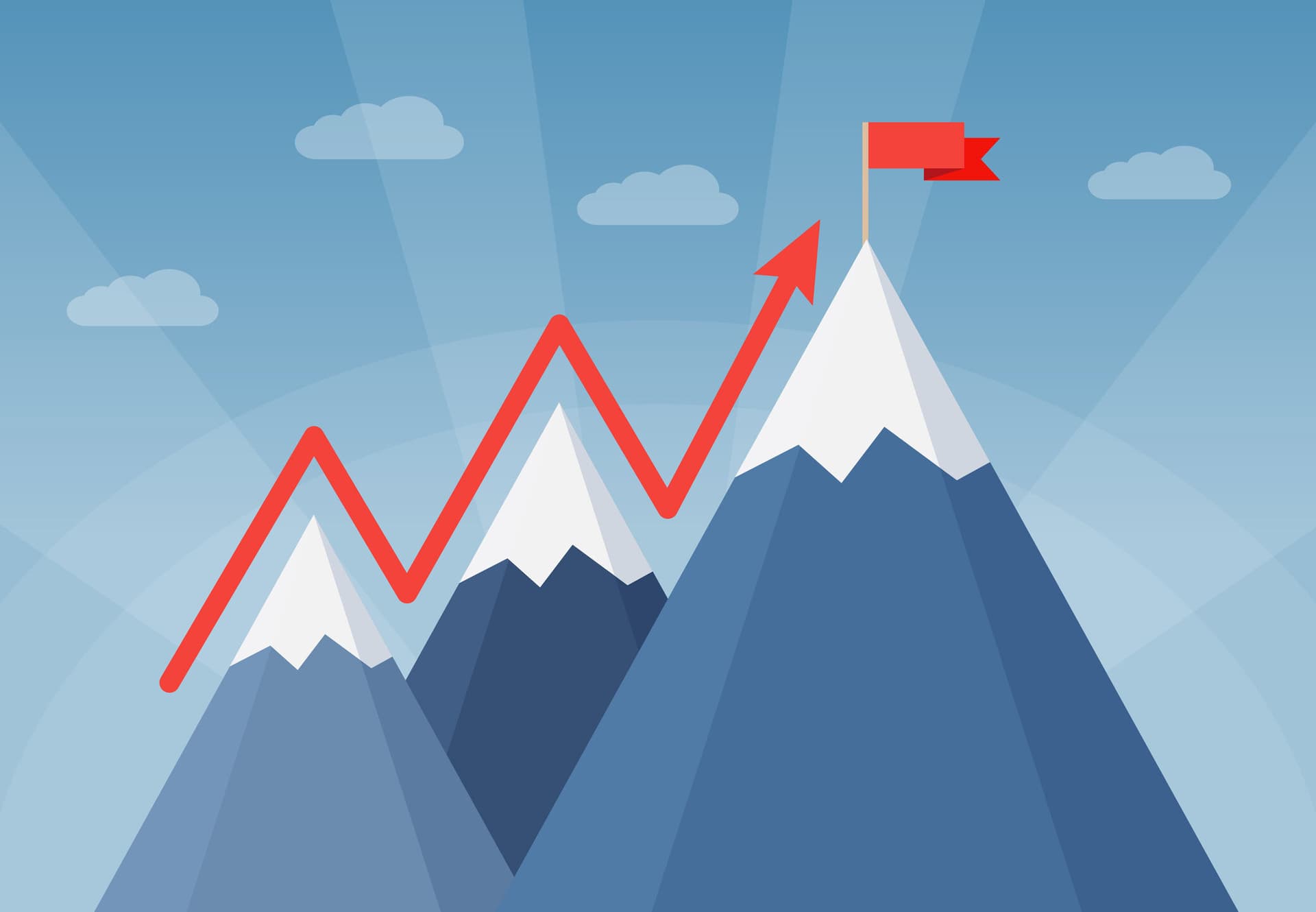 Illustration of three mountains with a red flag atop the largest one. A red arrow is leading up to the flag.