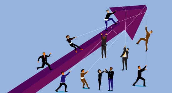 Businesspeople trying to wrangle an upwards-pointing arrow using ropes