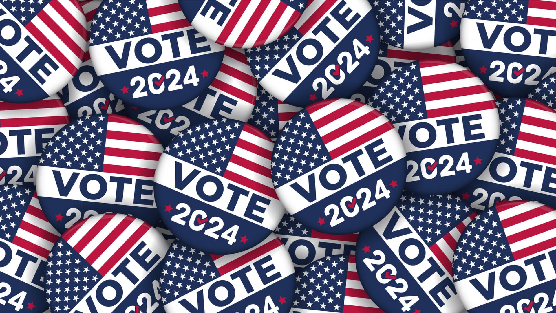 Pin badges with the US flag and 'Vote 2024'