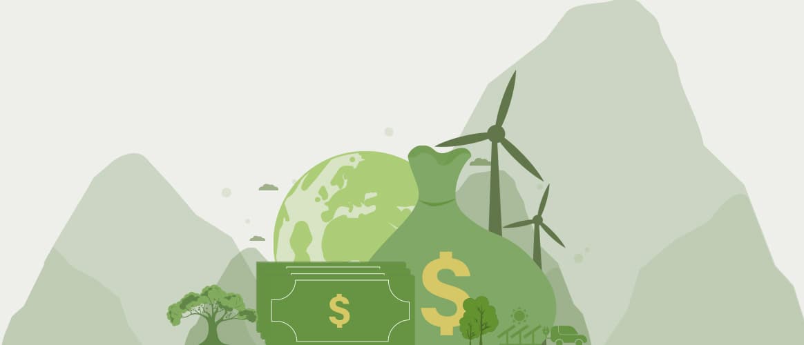 Money and windmills in the foreground, the Earth, trees, and mountains in the background