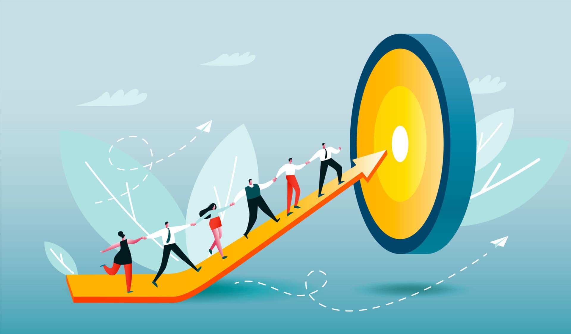 Illustration of individuals climbing a yellow arrow to reach a yellow and blue target