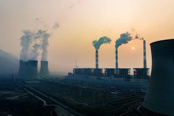Aerial view of fired power station in the morning