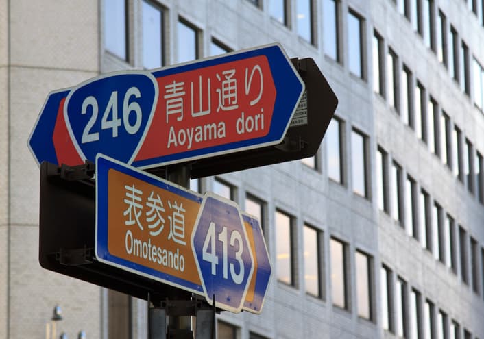 Two Japanese road signs pointing in different directions