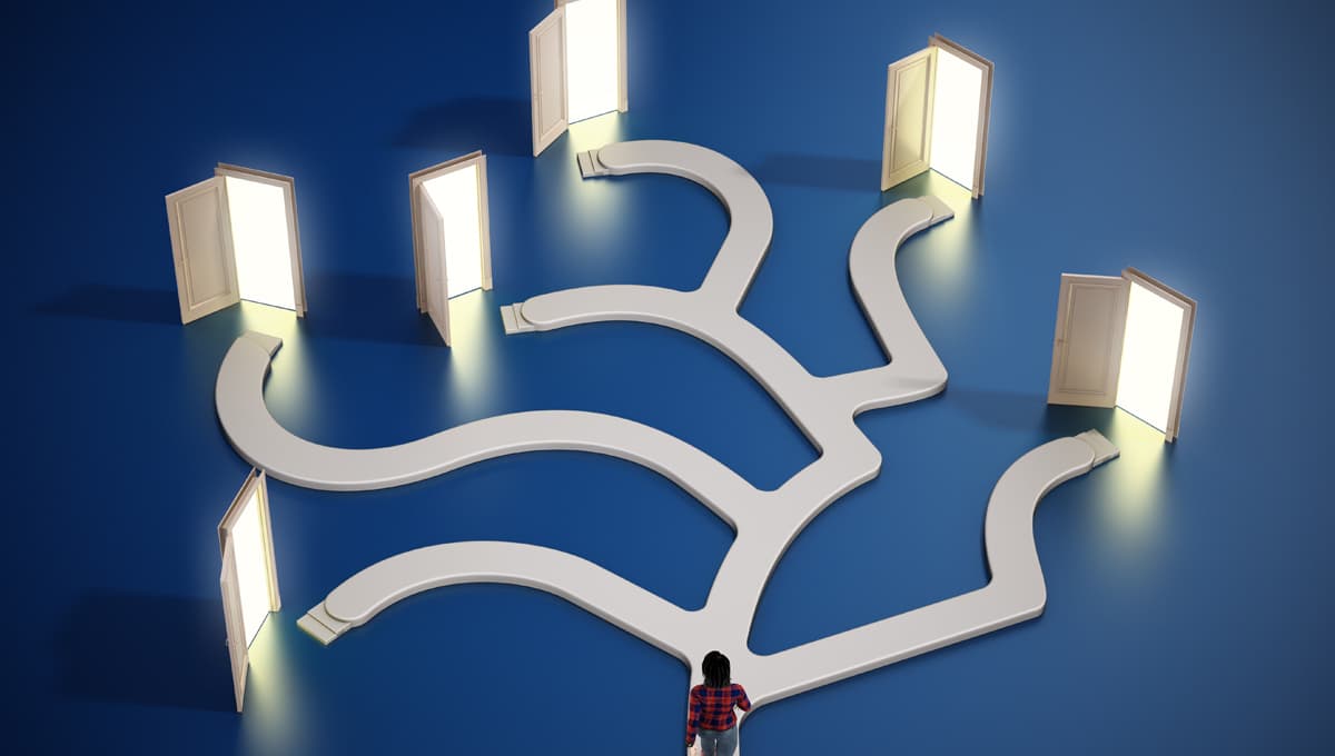 Road leading to many different paths with open doors