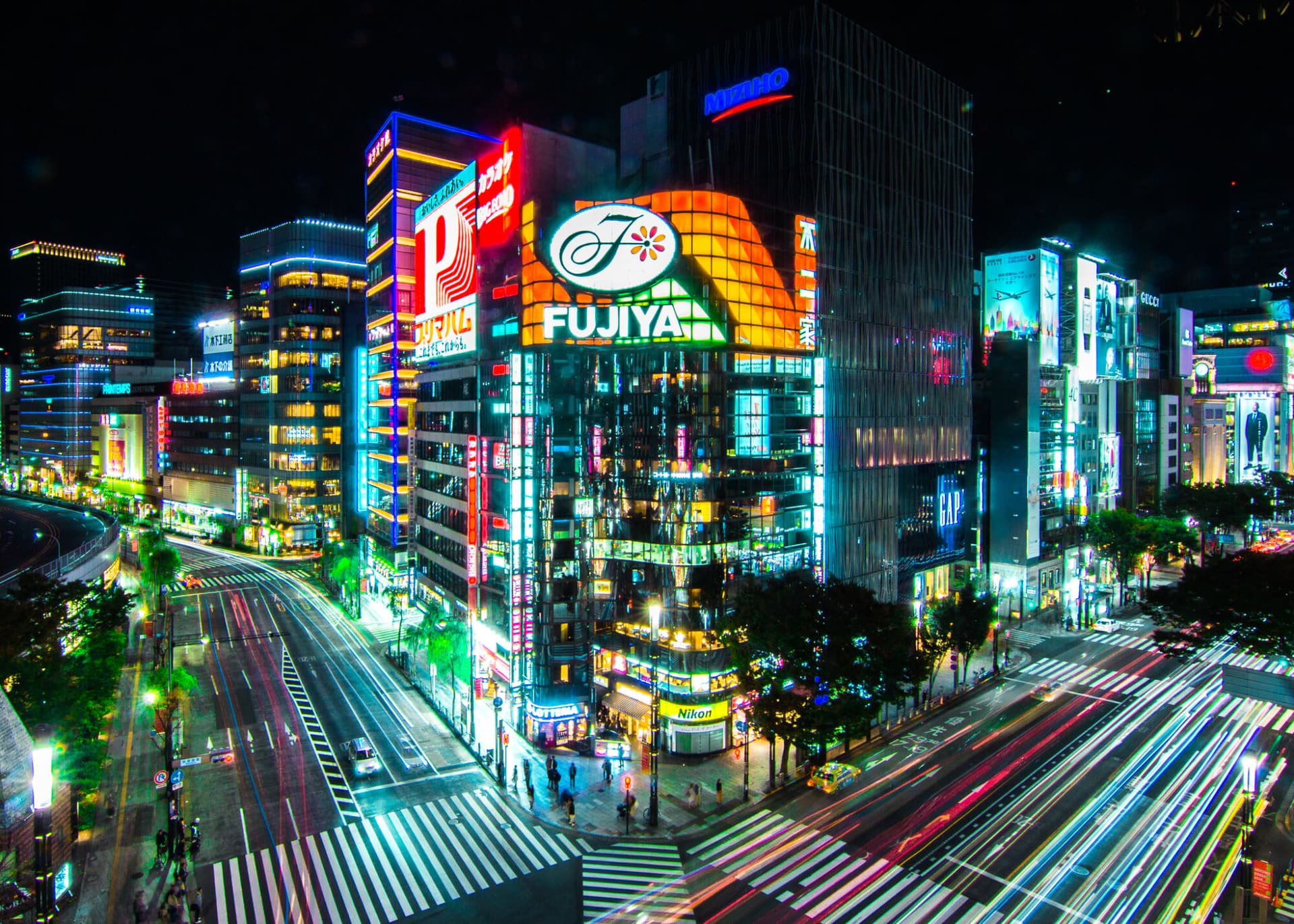 Intersection in Ginza, Tokyo at night time