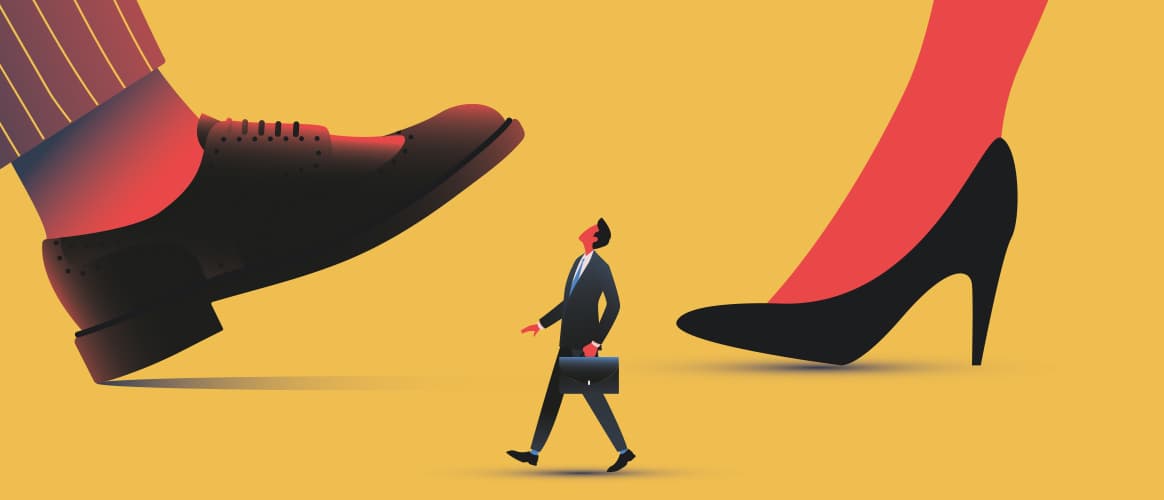 Giants stepping around a small businessman who looks up at them in awe