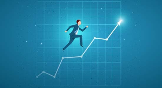 A man runs up a line chart