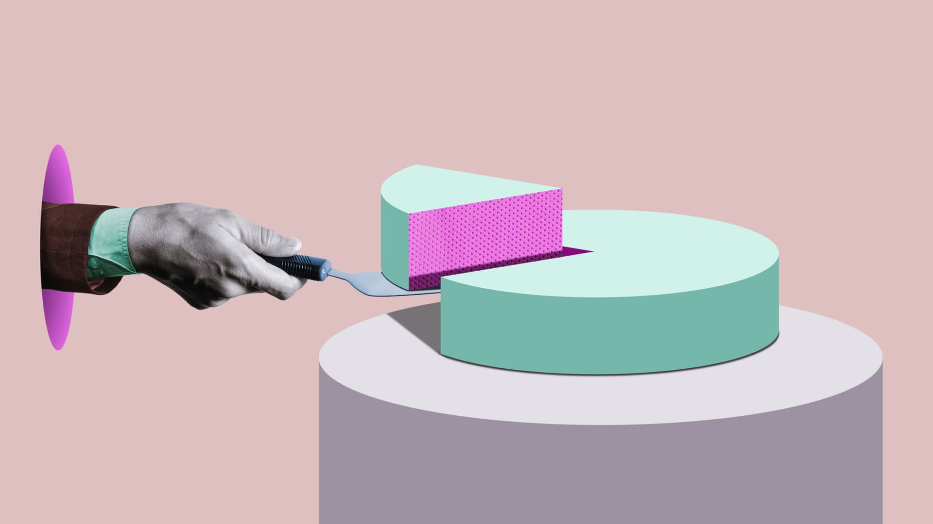 Hand taking a slice out of a cake