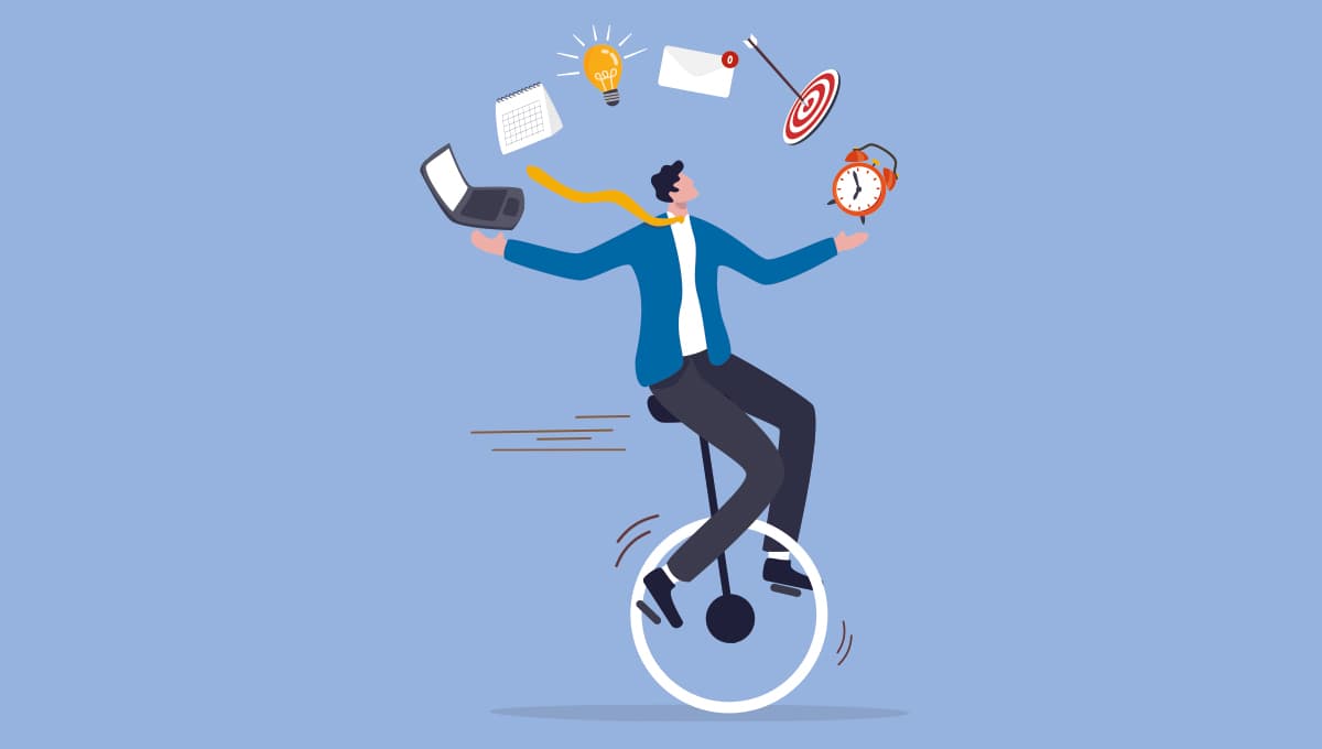 Illustration of a man on a unicycle juggling a laptop, alarm clock a target and other work-related symbology