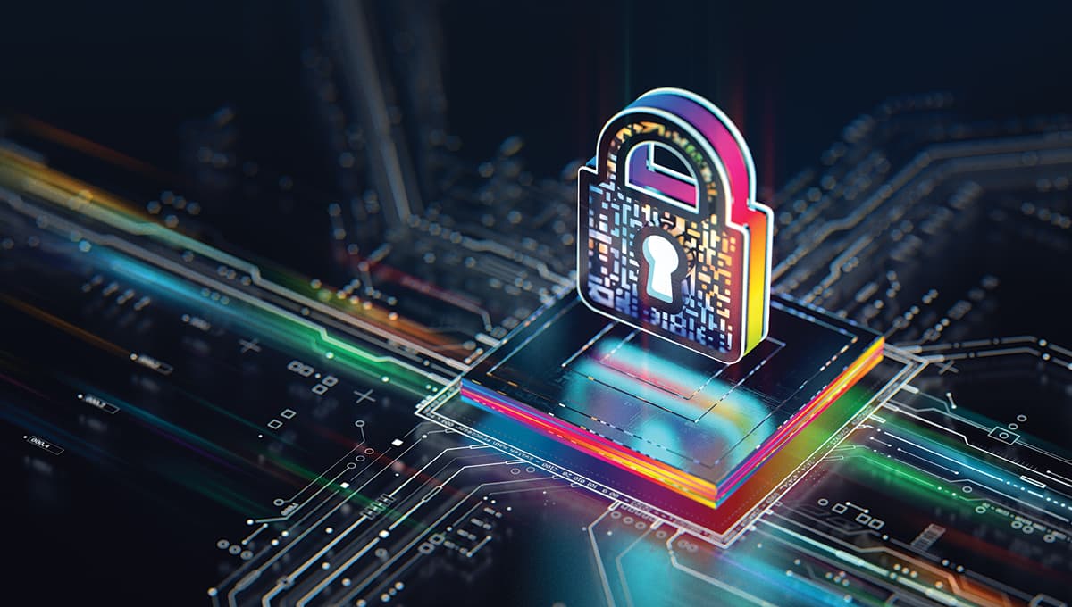 Hardware security and data safety concept. Digital lock with central computer processor and futuristic circuit board. Motherboard digital chip tech science background. Integrated security processor all in one technology