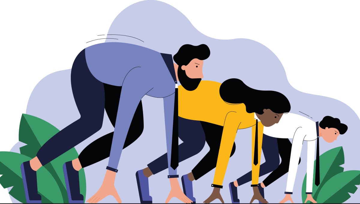 Three executives are set in the blocks for a sprint and about to run