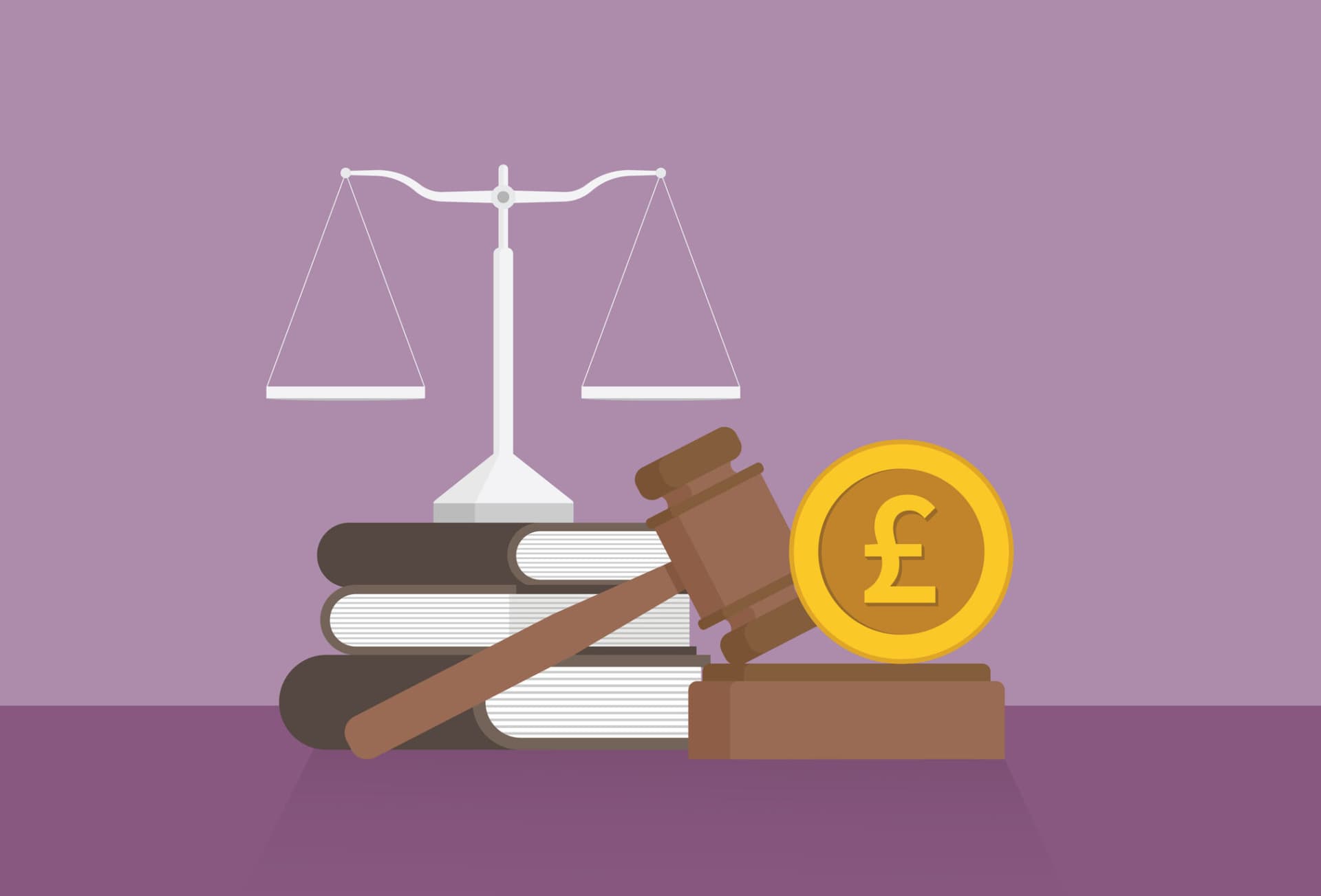 Equal-arm balance, books, a gavel and a UK pound coin on a table