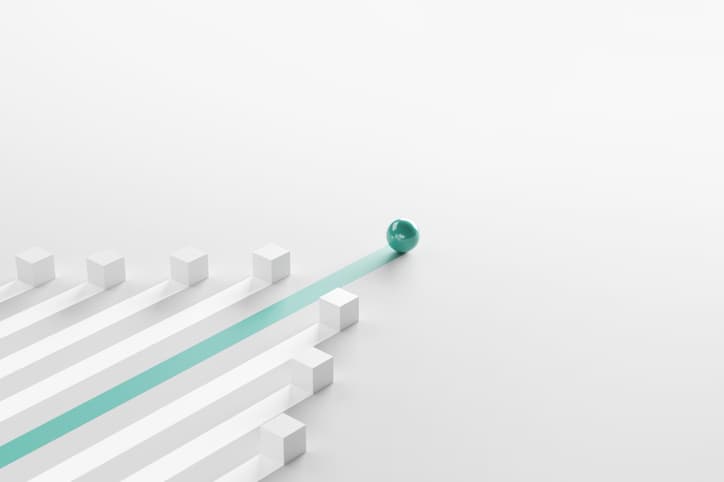 Leadership concept, One leader green sphere leads other white boxes. Winning strategy in business, 3d render. Copy space.