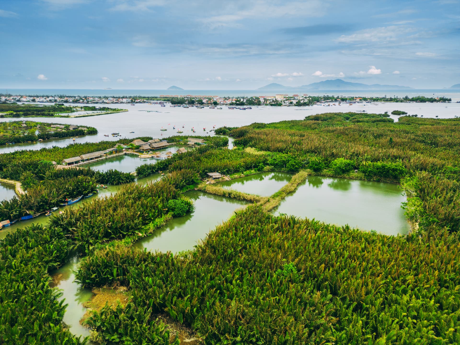 Aerial view of tourists enjoying a colorful round boat tour through the serene palm forest lagoon near Hoi An ancient town, Vietnam.