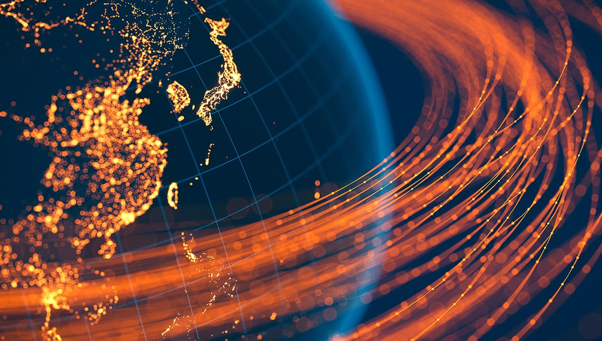 Asia-Pacific communication and data flow over the wireframe globe lit by lights on the surface of the planet