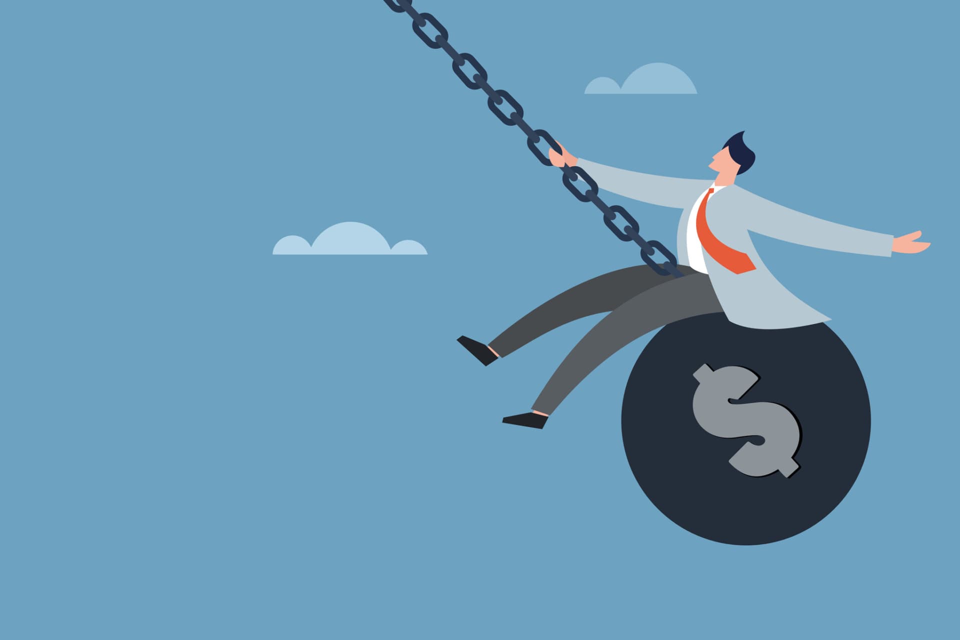 Businessman swings on a wrecking ball with Dollar symbol engraved on it