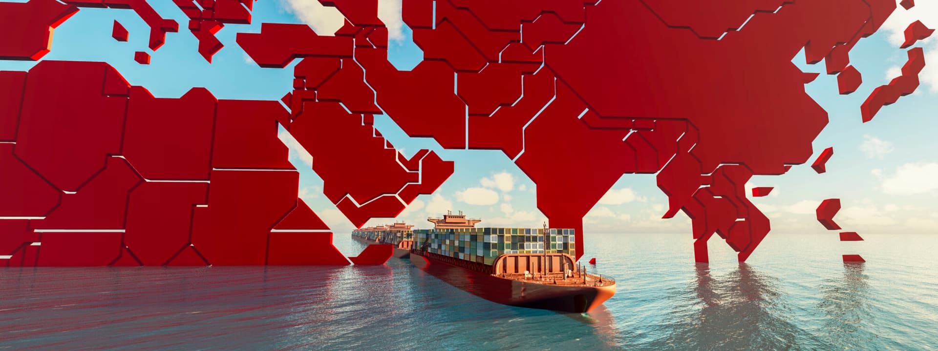 A conceptual 3D map hovers over a cargo ship at sea, symbolizing global trade and shipping routes