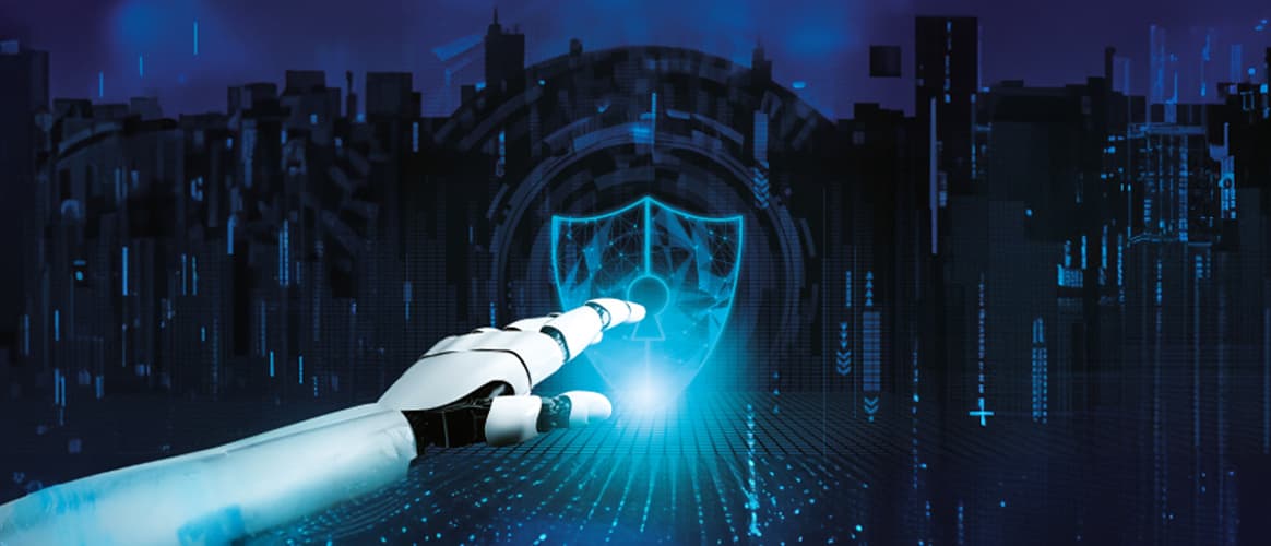 Robot hand reaching out to a cybersecurity shield
