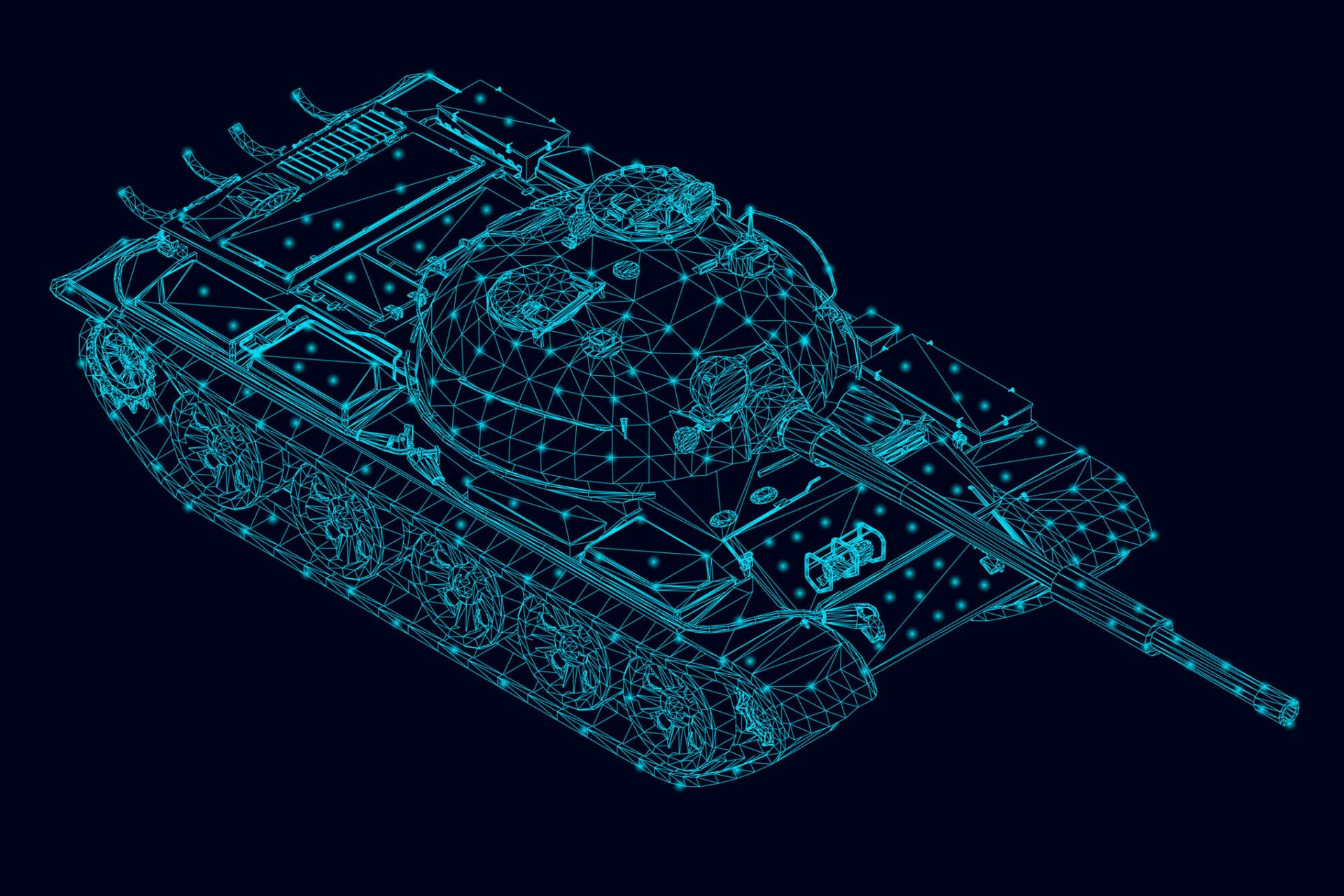 Wireframe of a polygonal combat tank of blue lines with luminous lights on a dark background. View isometric. 3D. Vector illustration.