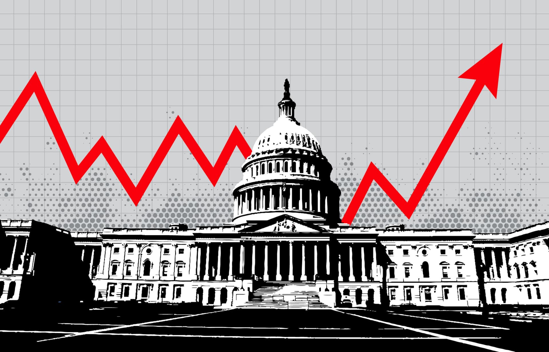 An illustration of the Washington DC Capitol with a red graph arrow