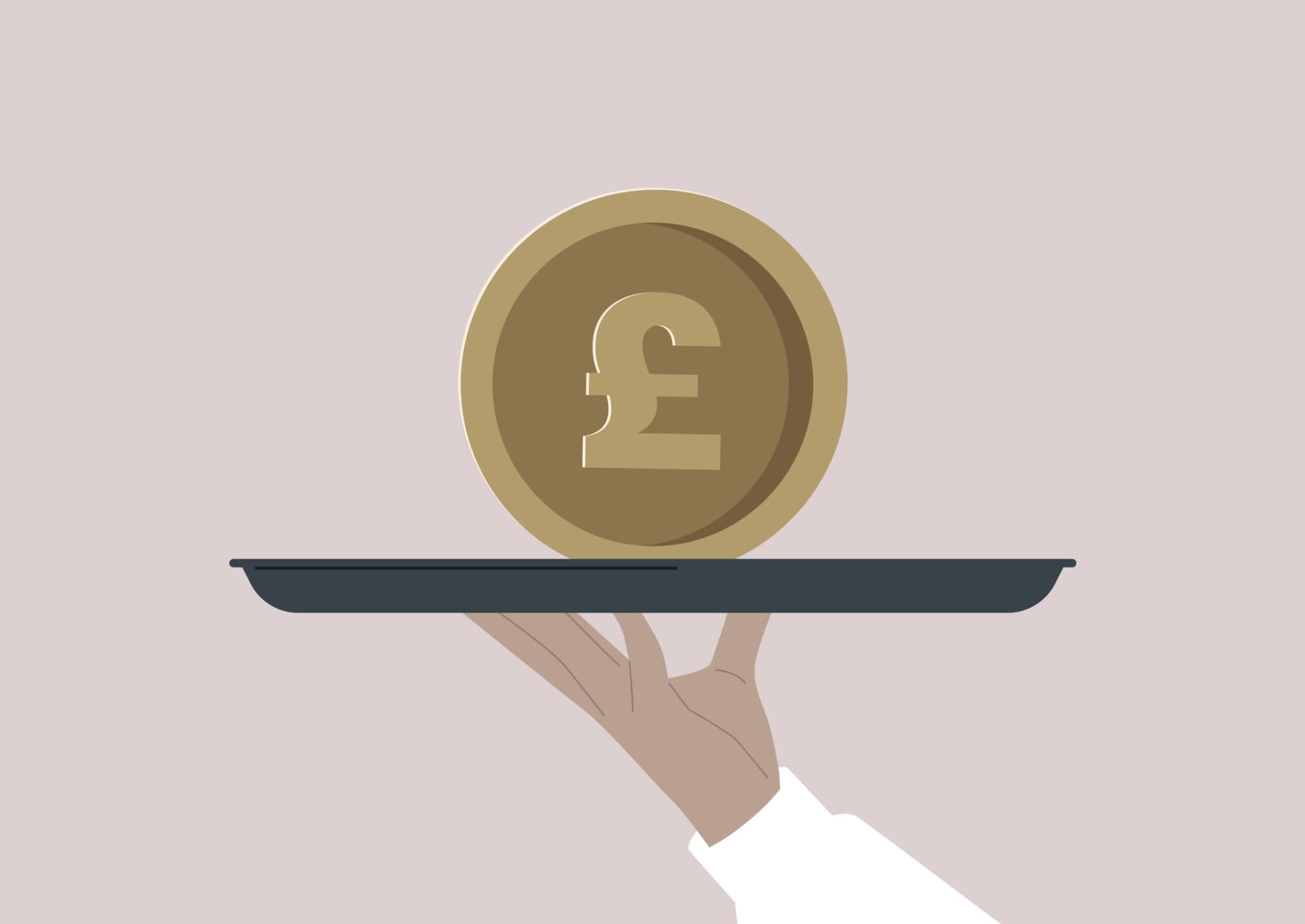 An illustration of a hand carrying a giant pound coin on a tray