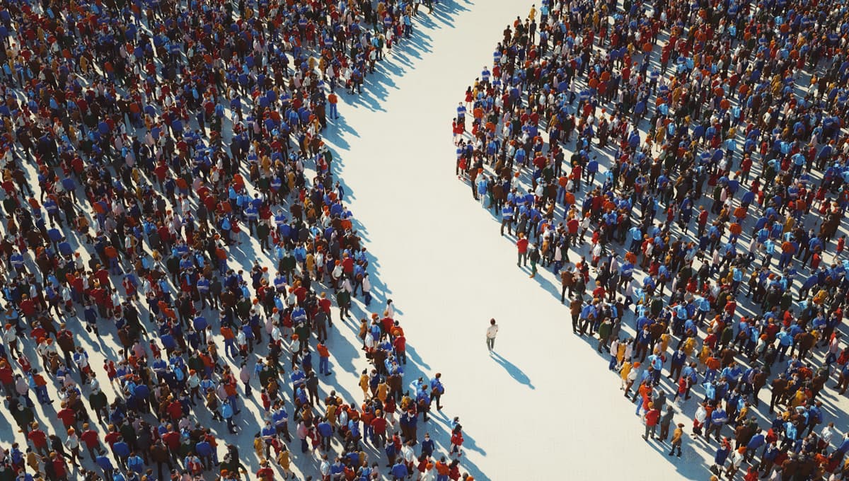 A crowd of people parts with one person left in the space between