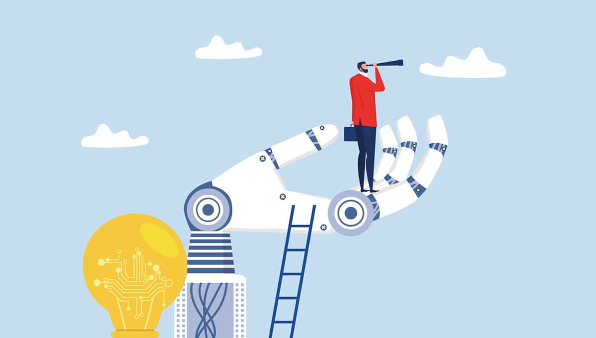 An illustrated robot hand holds aloft a man in a red sweater looking through a telescope amid a blue sky