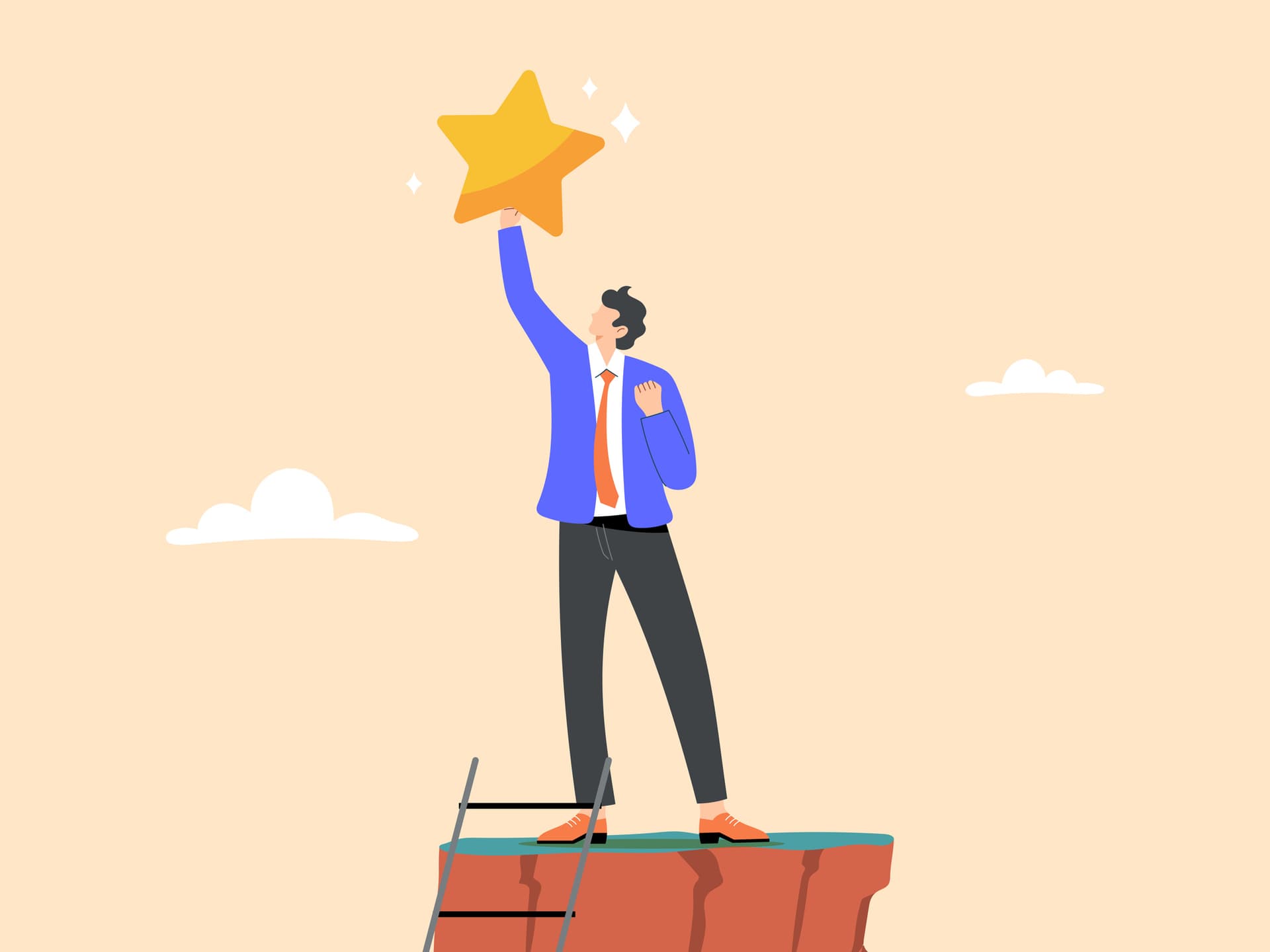 An illustration of a businessman standing at the top of a ladder holding a star