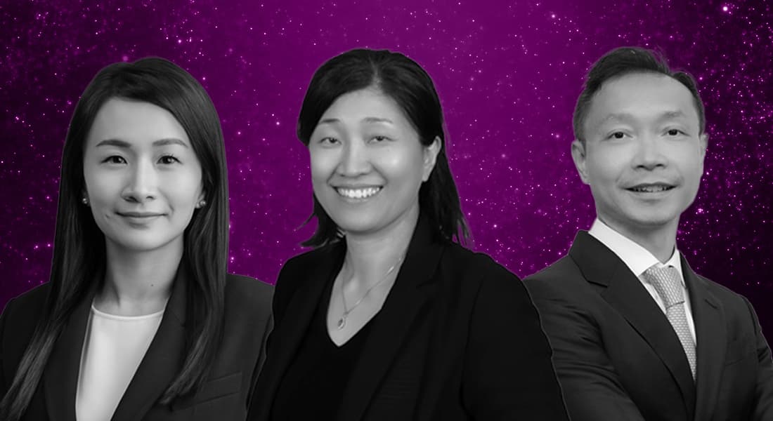 Headshots of Ming Eng, Jenny Lee, Roger Zhang of Granite Asia on a purple background
