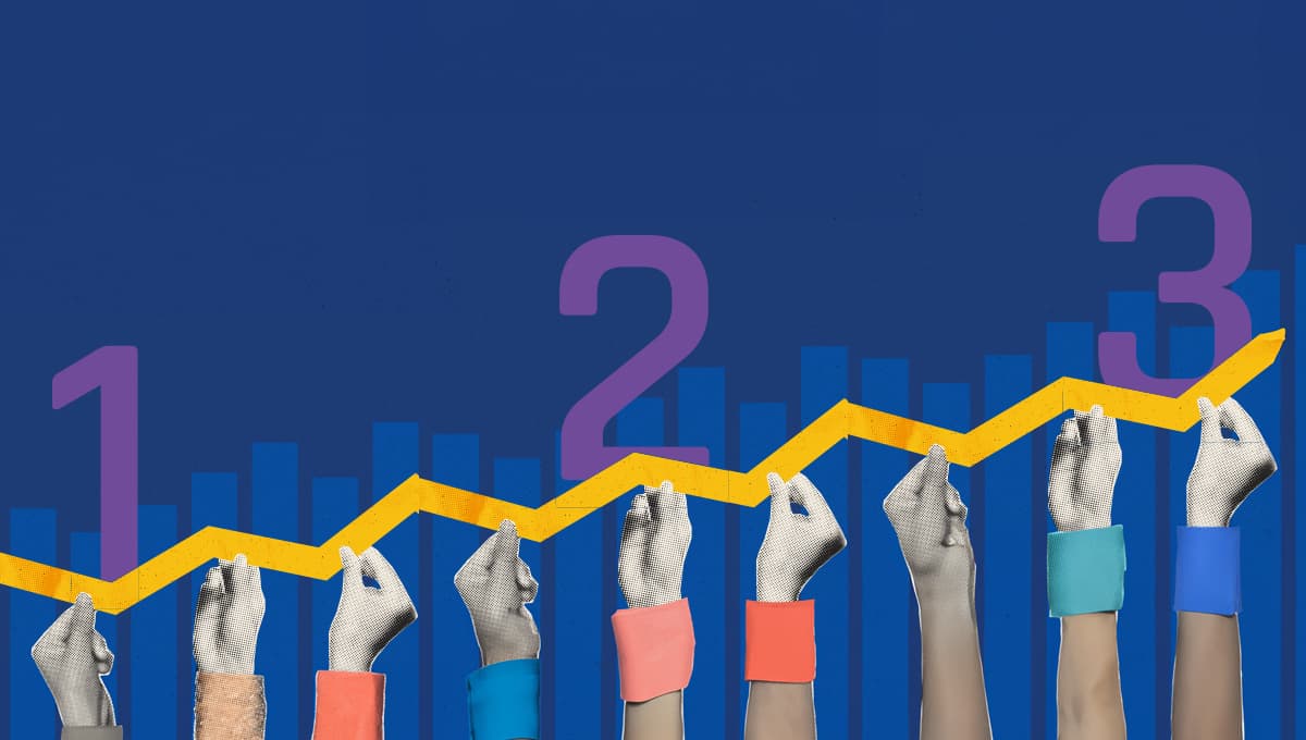Many hand hold up a line of a chart that is gradually rising, with the numbers 1, 2, 3 in purple resting on the line