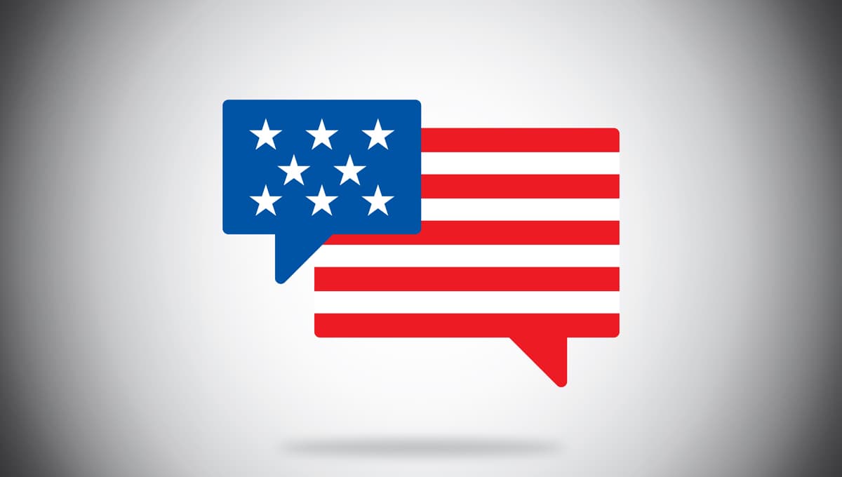 The US flag, deconstructed into two separated speech bubbles, one blue with stars, the other red with stripes