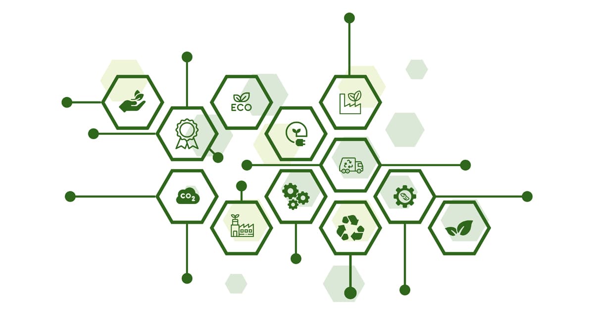 green icons in hexagons representing themes of energy transition, the circular economy, and environmentalism