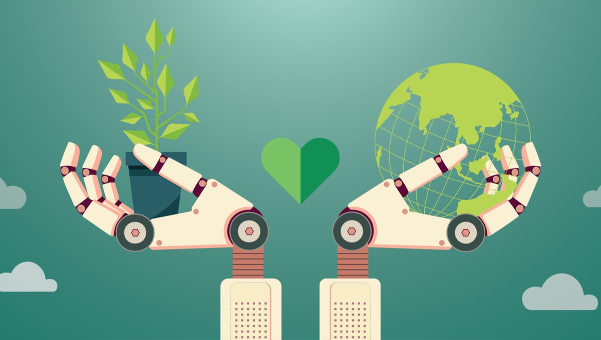 Robot hands holding up a green globe and a plant pot