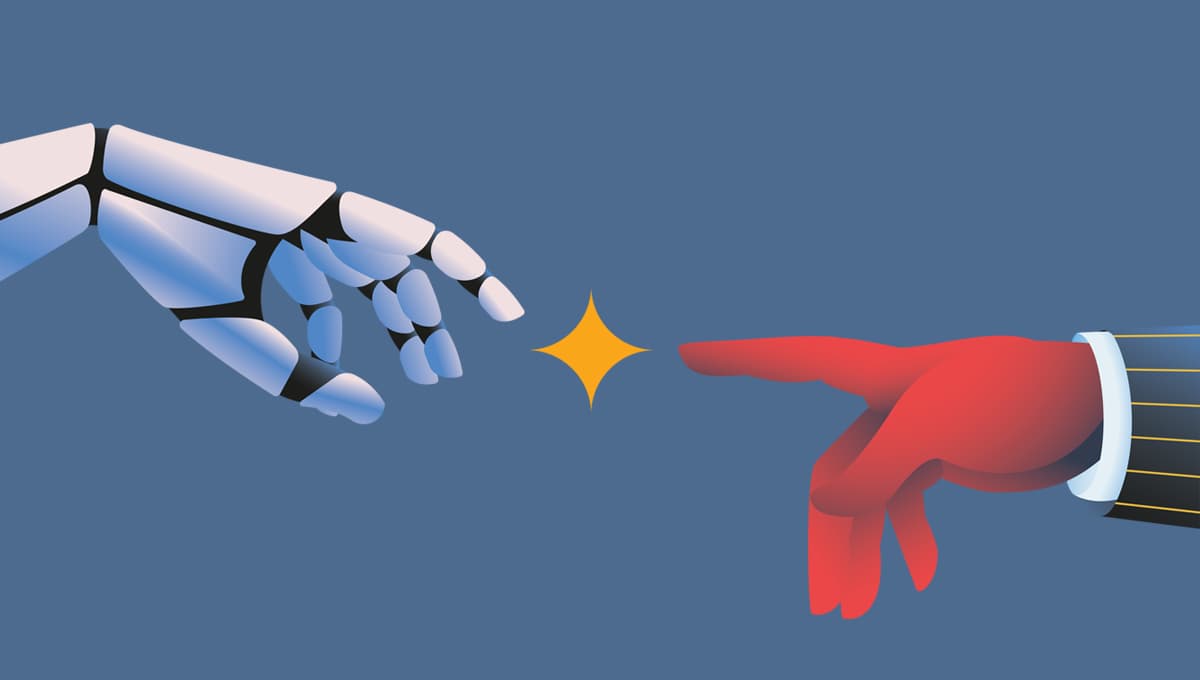 A robot hand reaches out to a human hand in a pin-stripe suit, their index fingers almost touching