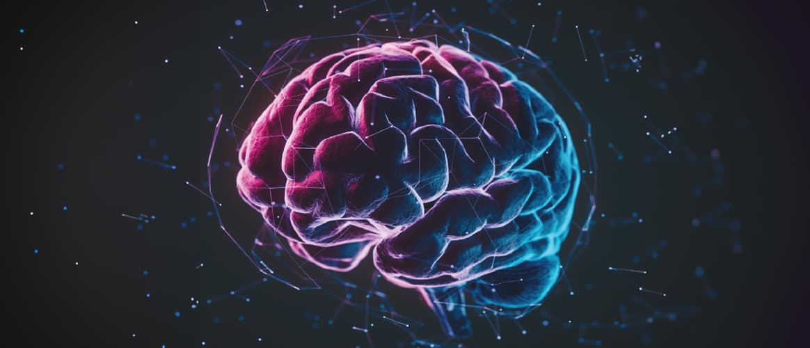 A neon picture of a brain in vibrant pink and cyan