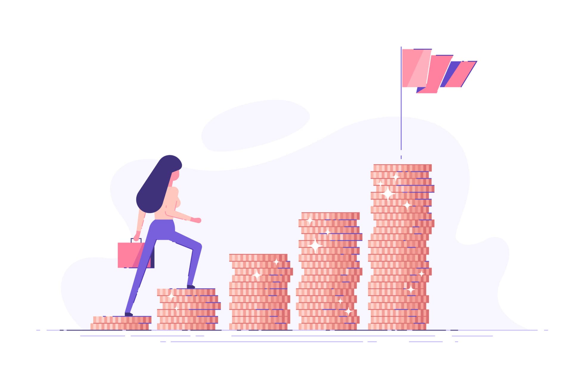 Illustration of a businesswoman climbing a pile of coins towards a flag at the top